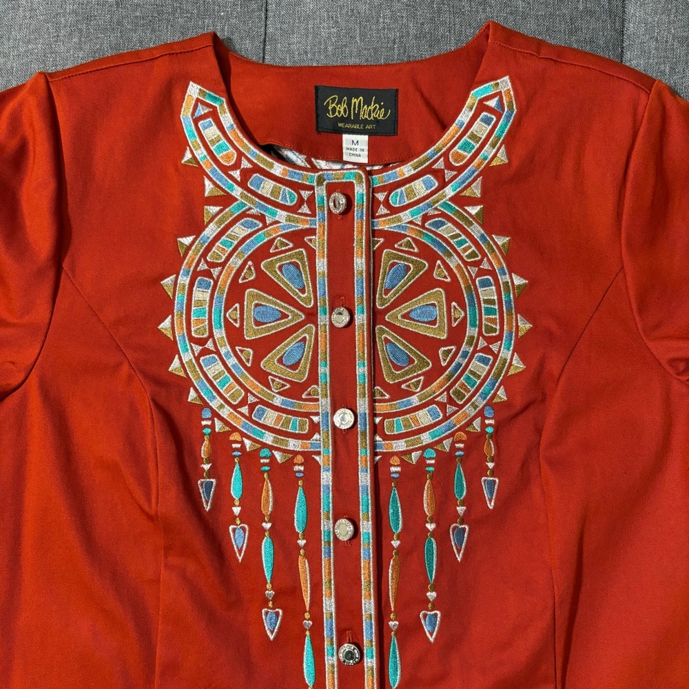 Bob Macke Top Women Medium Orange Wearable Art Tunic Embroidered Southwest - Picture 4 of 8